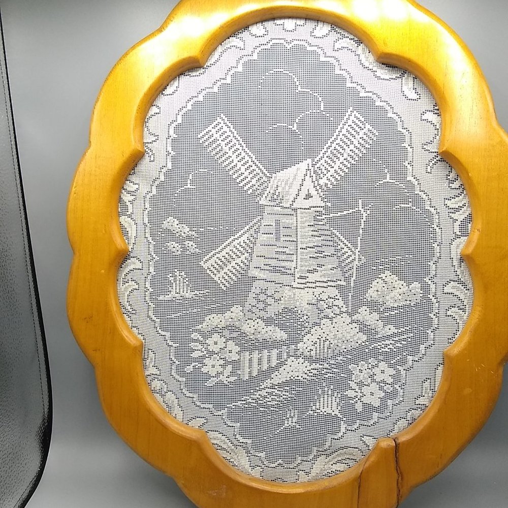 Vintage Lace Windmill, Framed in Honey Wood, Blue
